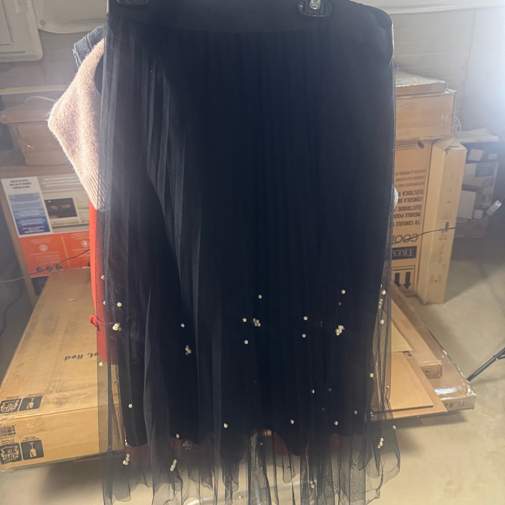 Black Tulle Midi Skirt with Pearlescent Embellishments